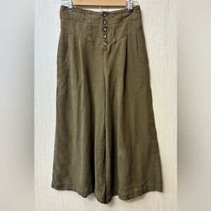 Anthropologie Oceanside Cropped Wide Leg Pants linen blend Olive Green, XS